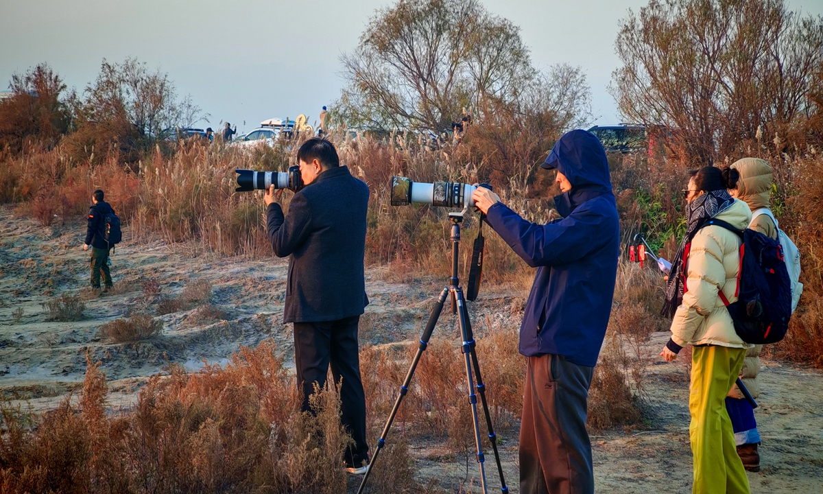 Photography enthusiasts set up their cameras to capture the breathtaking sight of flocks of migratory birds darkening the sky above the Yellow River wetland in Dongying, Shandong Province, on November 22, 2025.