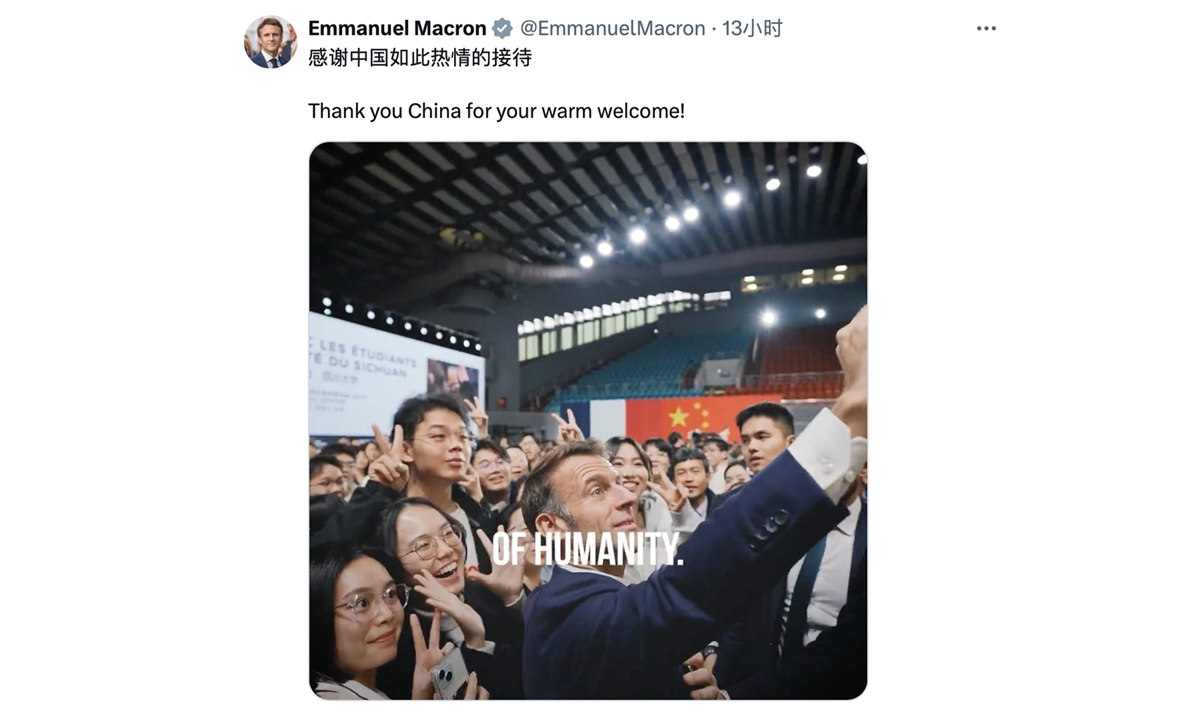 Macron pins video of highlights from China visit, posts 'Thank you China for your warm welcome!' in Chinese