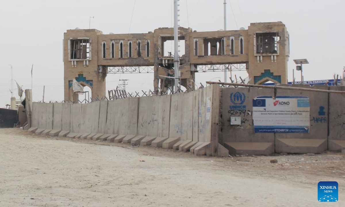 This photo taken on Dec. 6, 2025 shows a damaged Friendship Gate in the border town of Spin Boldak in Kandahar province of southern Afghanistan. Five people were killed and five others sustained injuries due to a clash that erupted between Pakistan and Afghan forces in the border town of Spin Boldak in southern Afghanistan's Kandahar province, Spin Boldak district chief Mawlawi Abdul Karim Jihadyar said Saturday. (Photo by Arghand/Xinhua)