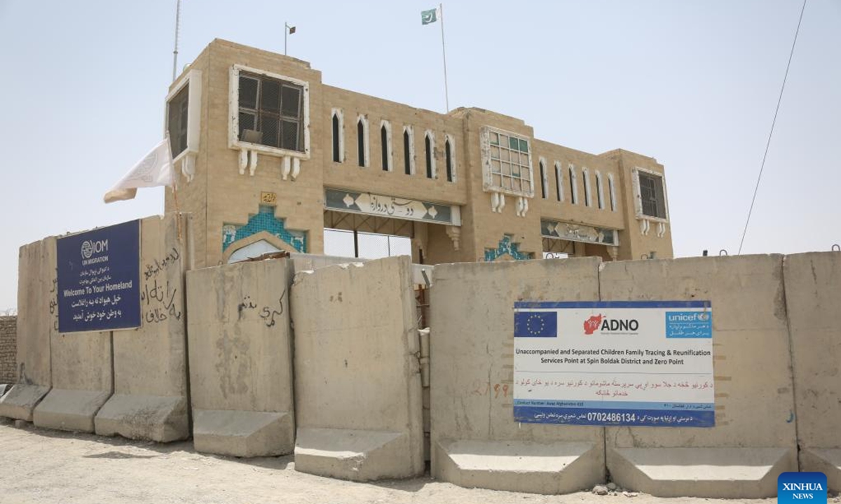 This photo taken on June 15, 2025 shows an undamaged Friendship Gate in the border town of Spin Boldak in Kandahar province of southern Afghanistan. Five people were killed and five others sustained injuries due to a clash that erupted between Pakistan and Afghan forces in the border town of Spin Boldak in southern Afghanistan's Kandahar province, Spin Boldak district chief Mawlawi Abdul Karim Jihadyar said Saturday. (Photo by Arghand/Xinhua)