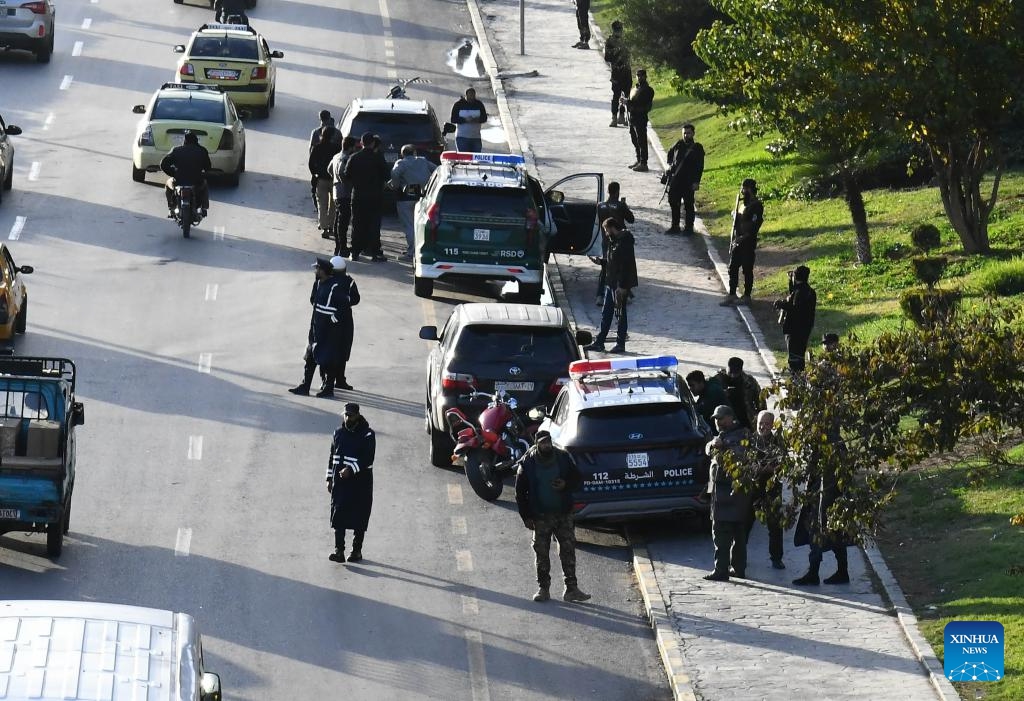 Policemen are seen on alert at the explosion site of a sound bomb in Damascus, Syria, Dec. 7, 2025. An explosion shook the Syrian capital of Damascus on Sunday, according to local witnesses.

Local media said the blast was caused by a sound bomb near the Freedom Bridge -- formerly the President Bridge -- in the heart of the city. No damage or injuries were reported. (Photo by Ammar Safarjalani/Xinhua)
