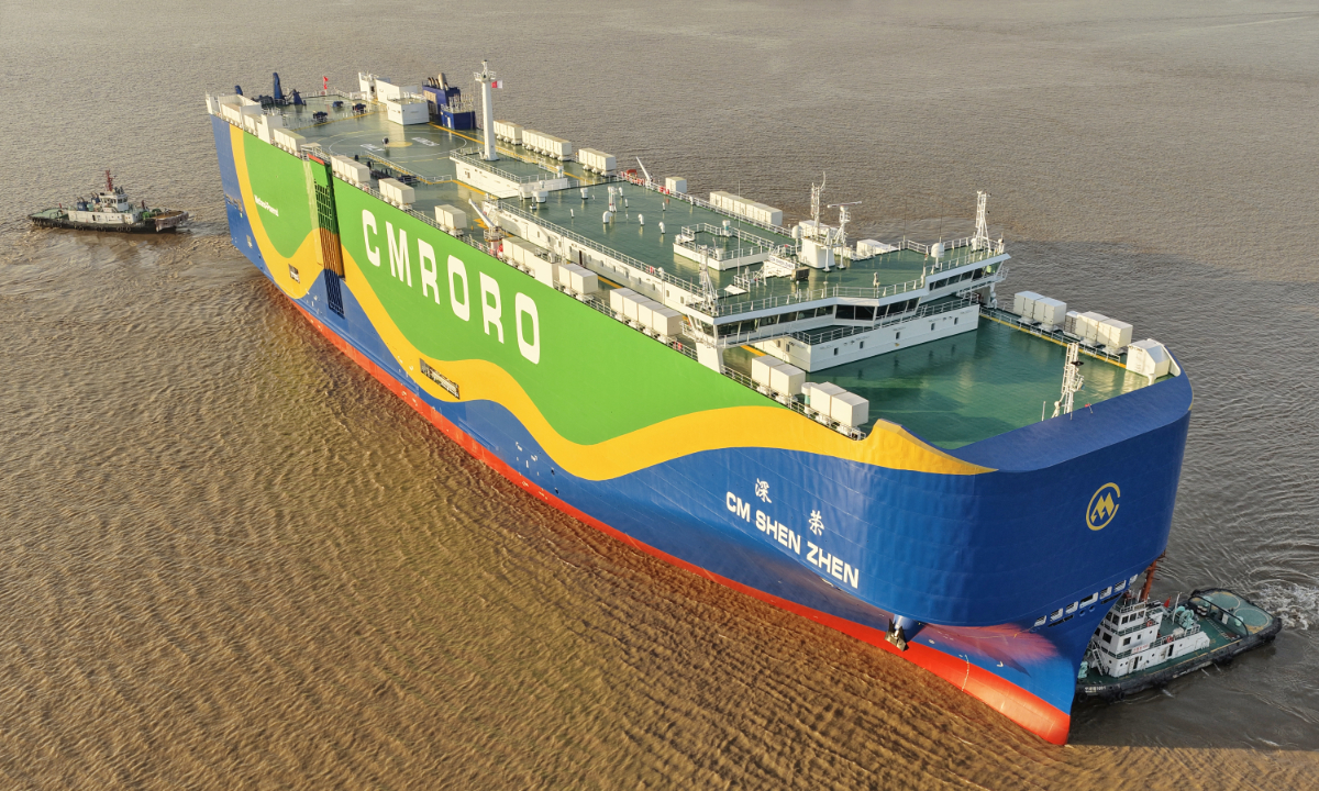 China's first independently developed ultra-large methanol dual-fuel roll-on/roll-off (ro-ro) ship begins its maiden voyage in Nantong, East China's Jiangsu Province, on December 8, 2025. With a capacity equivalent to 9,300 cars and 78,400 square meters of deck space, the ship will carry new-energy vehicles to Europe. Photo: VCG
