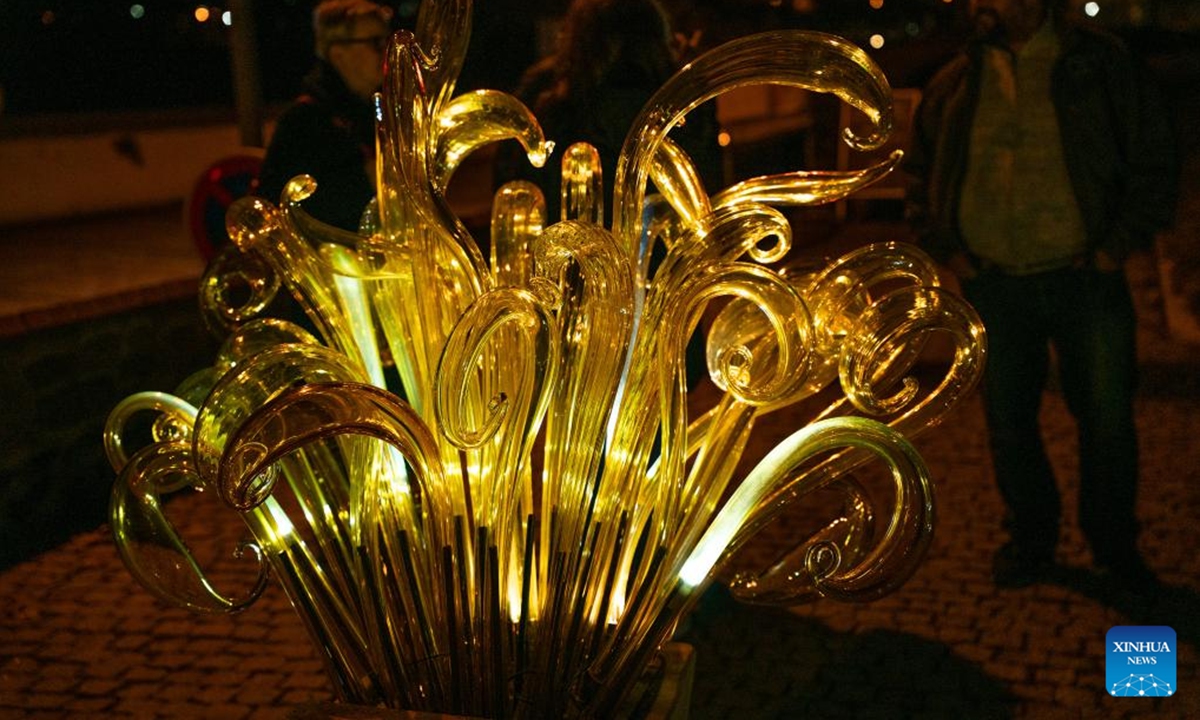 A glass installation is pictured during the exhibition Crystal Garden: A Glass Symphony at the Prague Botanical Garden in Prague, the Czech Republic, Dec. 7, 2025.
Dozens of works inspired by plants and animals are displayed during the exhibition, which stays on until Feb. 8, 2026. (Photo by Dana Kesnerova/Xinhua)