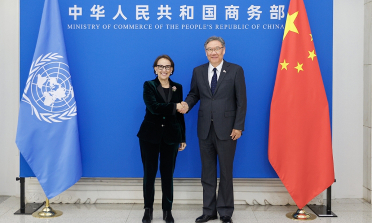 China's minister of commerce Wang Wentao meets with UN Conference on Trade and Development (UNCTAD) secretary-general Rebeca Grynspan in Beijing on December 8, 2025. Photo: Screenshot of Chinese Ministry of Commerce's website