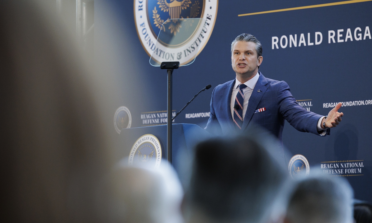 Secretary of War Pete Hegseth gives a speech at the Reagan National Defense Forum on December 6, 2025, at the Ronald Reagan Presidential Library in Simi Valley, California. Photo: VCG