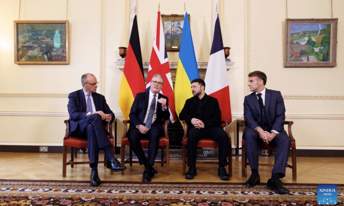 British Prime Minister Keir Starmer (2nd L), Ukrainian President Volodymyr Zelensky (2nd R), French President Emmanuel Macron (1st R) and German Chancellor Friedrich Merz make remarks as they meet in 10 Downing Street in London, Britain, Dec. 8, 2025. (Lauren Hurley/No. 10 Downing Street/Handout via Xinhua)