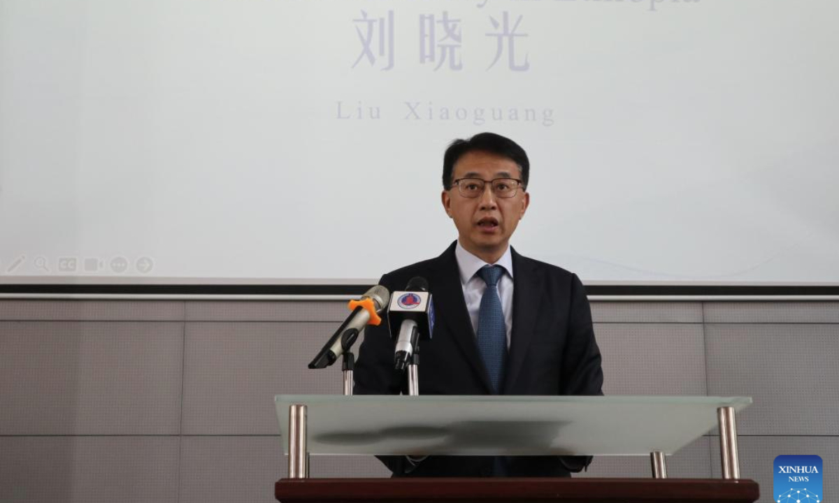 Liu Xiaoguang, minister counselor of the Chinese Embassy in Ethiopia, speaks at the launching event of the Global Female Entrepreneurship Empowerment Program Workshop in Addis Ababa, Ethiopia, on Dec. 8, 2025.(Xinhua/Liu Fangqiang)