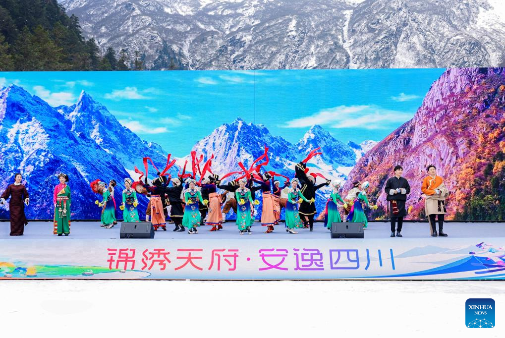A performance is staged during the opening ceremony of the 2025 Sichuan Winter Tourism Season at Qiangrengu ski resort in Wenchuan County, Aba Tibetan and Qiang Autonomous Prefecture, southwest China's Sichuan Province, Dec. 8, 2025. The 2025 Sichuan Winter Tourism Season kicked off here on Monday. Sichuan has launched four major tourism routes and more than 5,000 winter cultural and tourism activities to enrich visitors' winter travel experience. (Xinhua/Jiang Hongjing)