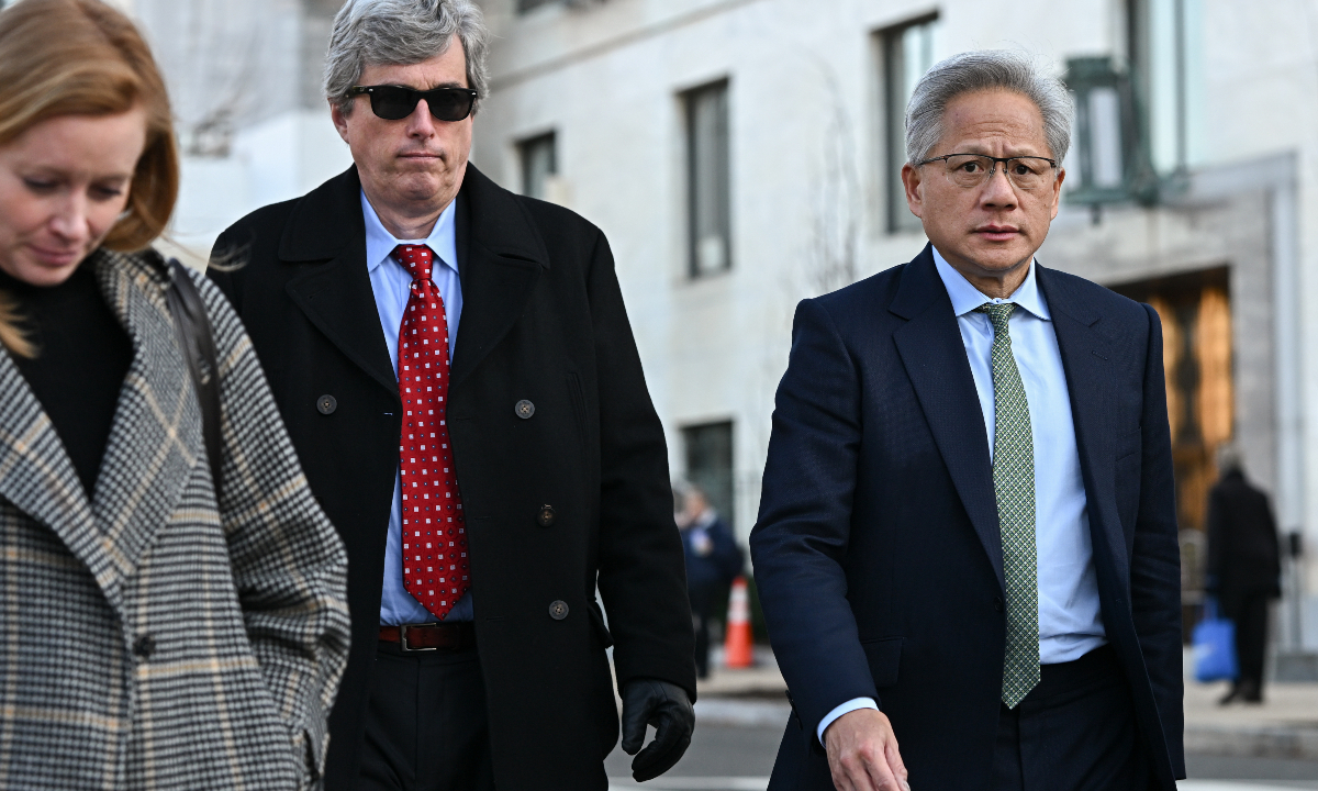 Jensen Huang, CEO of Nvidia Corp, departs following a meeting with members of the Senate Banking, Housing, and Urban Affairs Committee in Washington, DC, US, on December 3, 2025. Photo: VCG