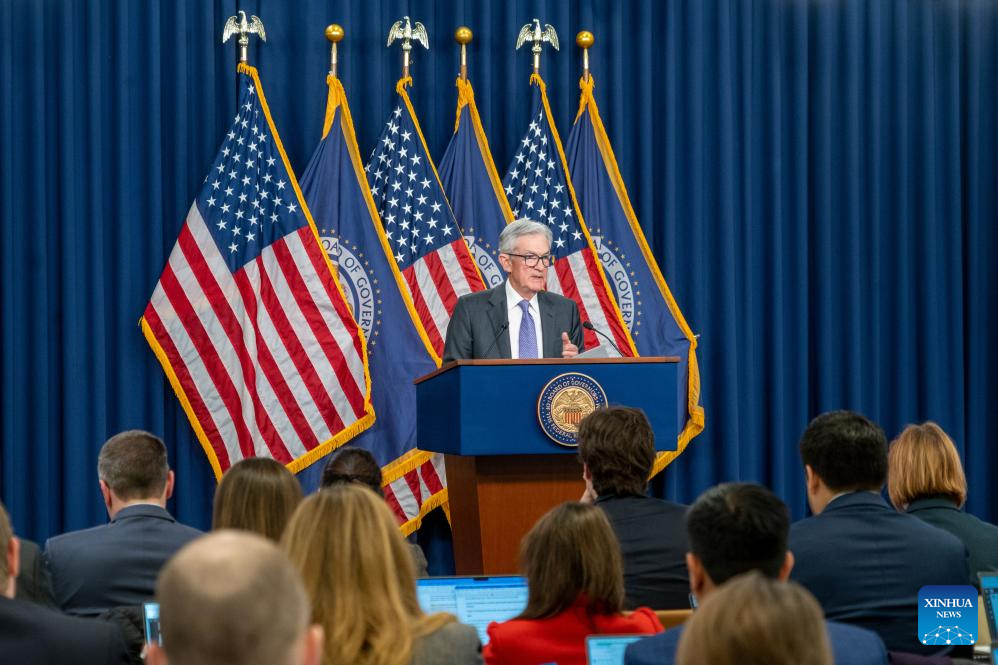 U.S. Federal Reserve Chair Jerome Powell attends a press conference in Washington, D.C., the United States, Dec. 10, 2025. The U.S. Federal Reserve on Wednesday decided to lower the target range for the federal funds interest rate by 25 basis points to 3.5 to 3.75 percent, marking its third rate cut this year. (Photo by Li Yuanqing/Xinhua)