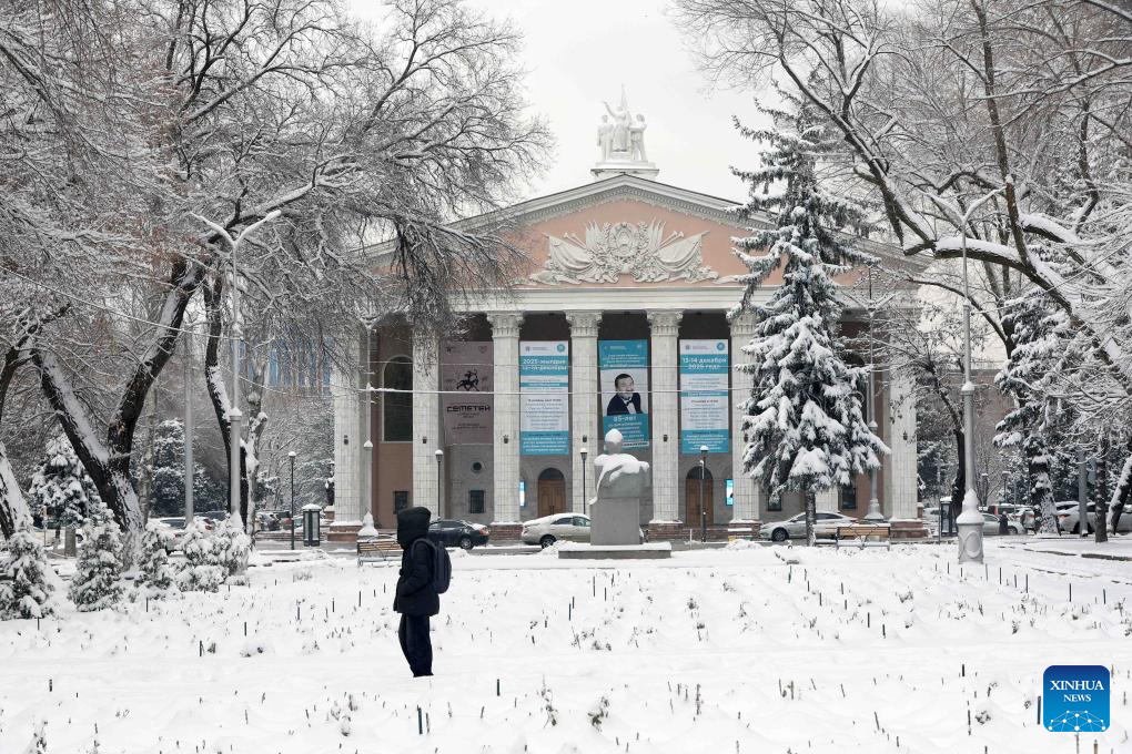 This photo taken on Dec. 10, 2025 shows the snow-covered Kyrgyz National Opera and Ballet Theatre in Bishkek, Kyrgyzstan. (Photo by Roman/Xinhua)