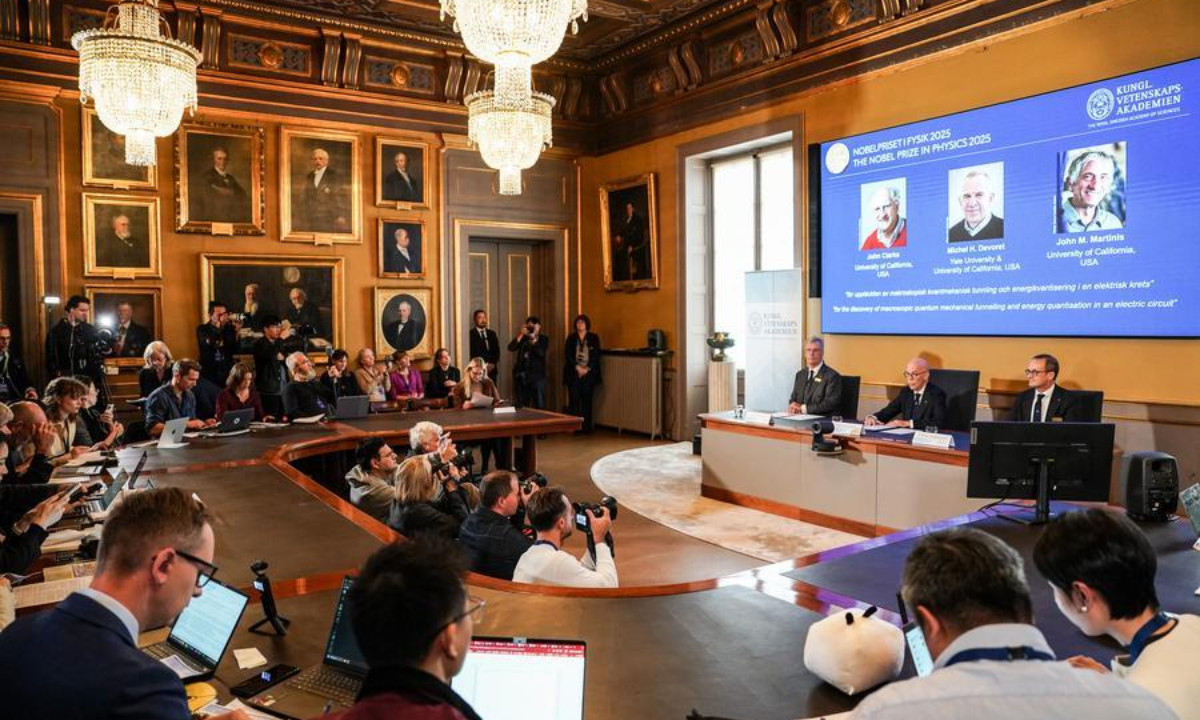 The 2025 Nobel Prize in Physics is announced in Stockholm, Sweden, Oct. 7, 2025. (Xinhua/Peng Ziyang)