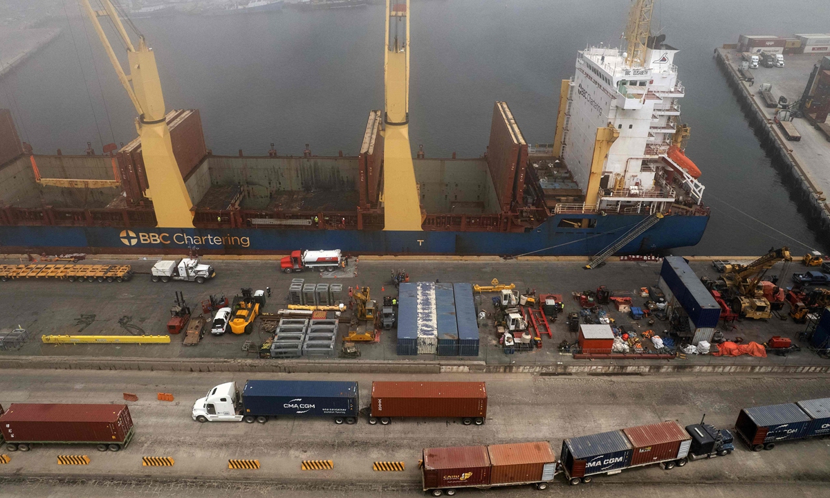 This aerial view shows the Port of Ensenada in Baja California state, Mexico on April 11, 2025. Photo:VCG