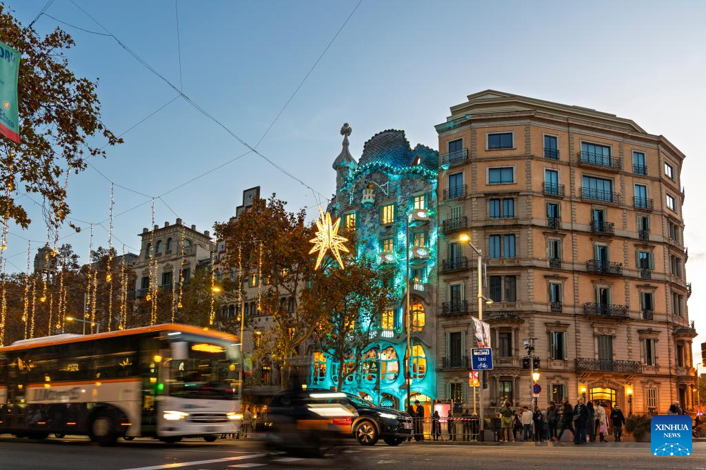 The facade of the Casa Batllo, a renowned building designed by architect Antoni Gaudi, is decorated with Christmas lights in Barcelona, Spain, Dec. 10, 2025. (Photo by Joan Gosa/Xinhua)