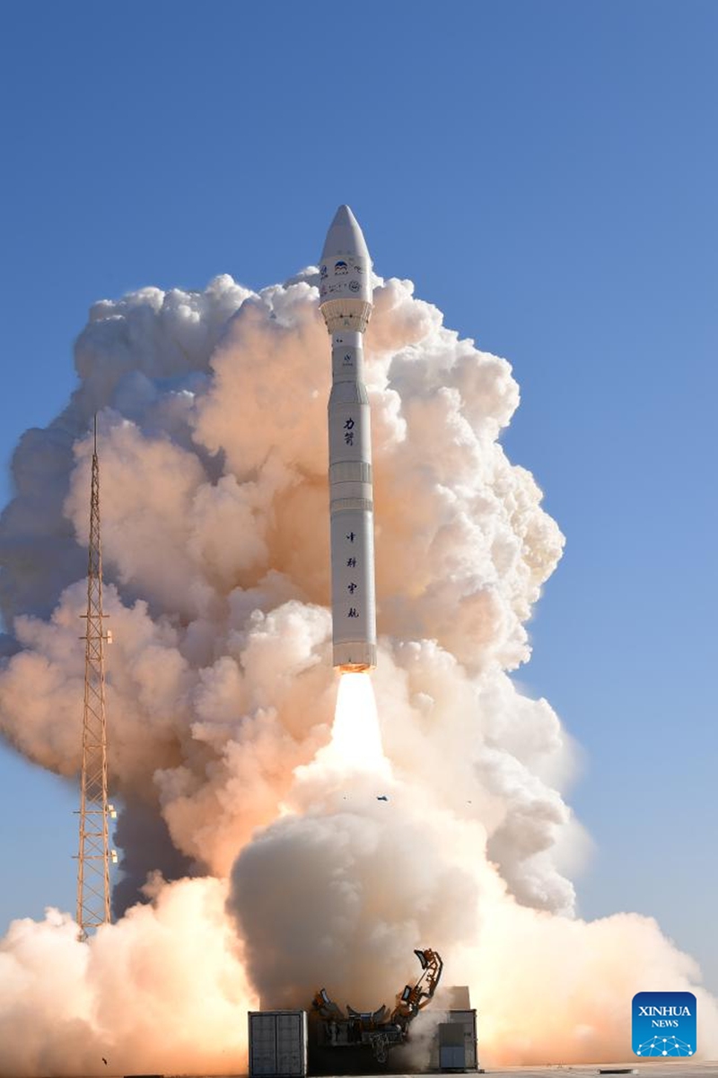 The Lijian-1, also known as Kinetica-1 Y11, carrier rocket carrying 9 satellites, including one from the United Arab Emirates, blasts off from the Dongfeng commercial space innovation pilot zone near the Jiuquan Satellite Launch Center in northwest China, Dec. 10, 2025. The rocket blasted off at 12:03 p.m. (Beijing Time) and successfully sent the satellites into their planned orbits. (Photo by Wang Jiangbo/Xinhua)