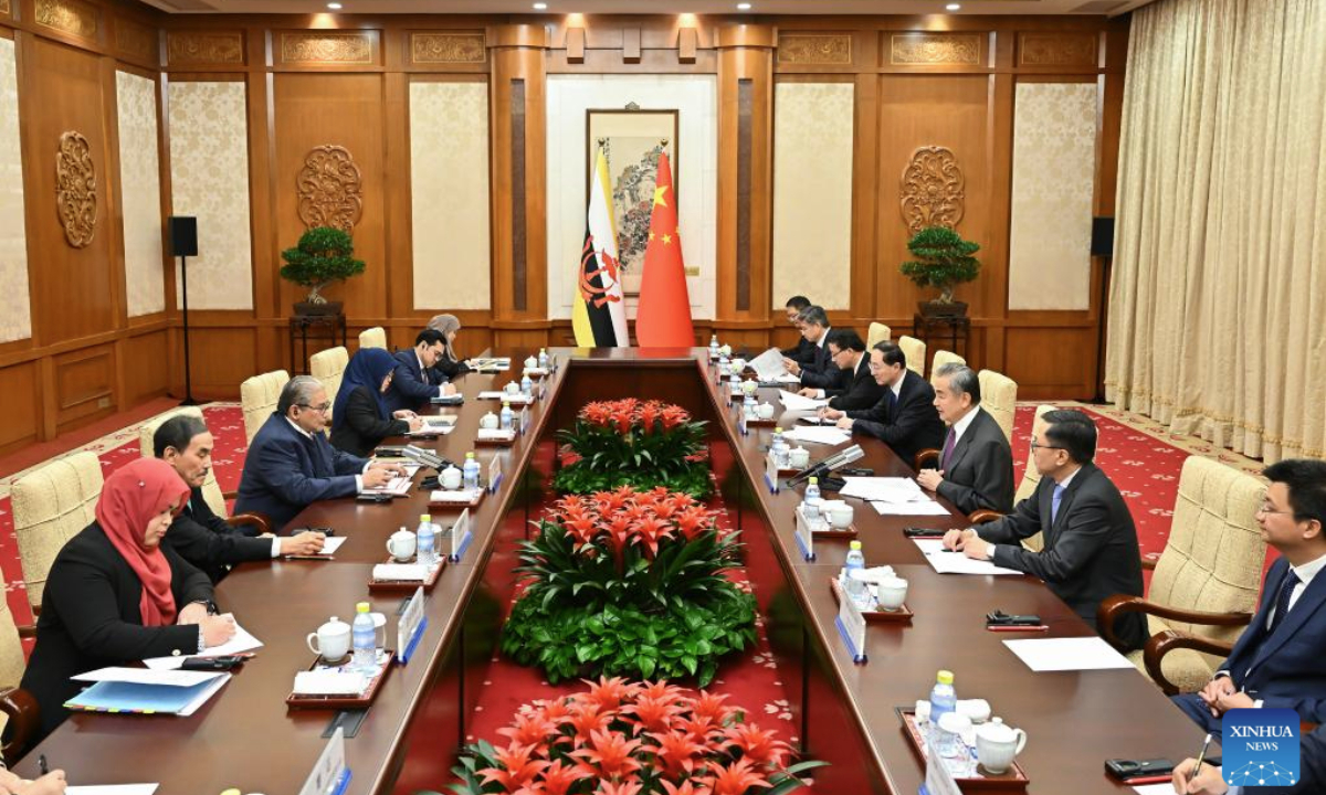 Chinese Foreign Minister Wang Yi, also a member of the Political Bureau of the Communist Party of China Central Committee, holds talks with Dato Erywan Pehin Yusof, Brunei's second minister of foreign affairs, in Beijing, capital of China, Dec. 11, 2025. (Xinhua/Li Xin)