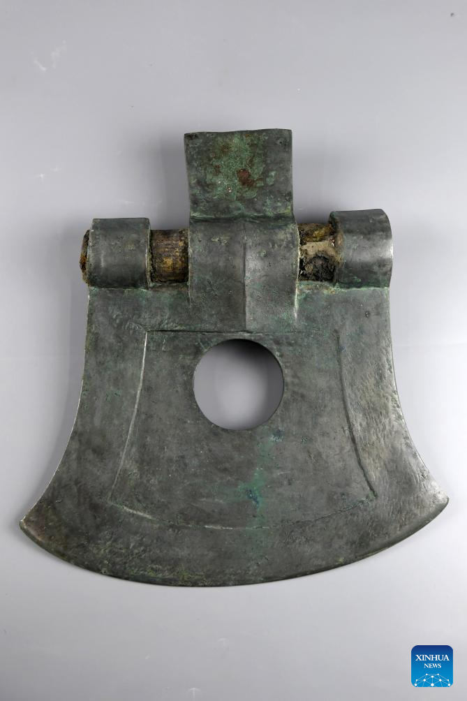 This photo taken on Dec. 8, 2025 shows a bronze yue axe unearthed from the Zhaigou site in Qingjian County, northwest China's Shaanxi Province. The Zhaigou site, a settlement site dating back to about 3,200 years ago, was listed as one of the major field archaeological discoveries during the sixth Shanghai Archaeology Forum (SAF2025) in east China's Shanghai on Tuesday. (Xinhua/Li Yibo)