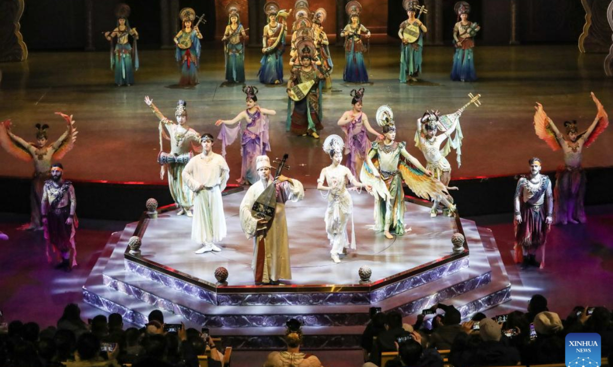 An immersive dance drama Ancient Sound of Dunhuang is staged in Dunhuang, northwest China's Gansu Province, Dec. 15, 2025.

Blending elements drawn from the murals and sculptures of Dunhuang, the performance features elaborately designed stage, holographic display, and awe-inspiring dance. (Xinhua/Lang Bingbing)