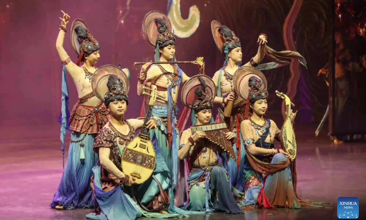 An immersive dance drama Ancient Sound of Dunhuang is staged in Dunhuang, northwest China's Gansu Province, Dec. 15, 2025.

Blending elements drawn from the murals and sculptures of Dunhuang, the performance features elaborately designed stage, holographic display, and awe-inspiring dance. (Xinhua/Lang Bingbing)
