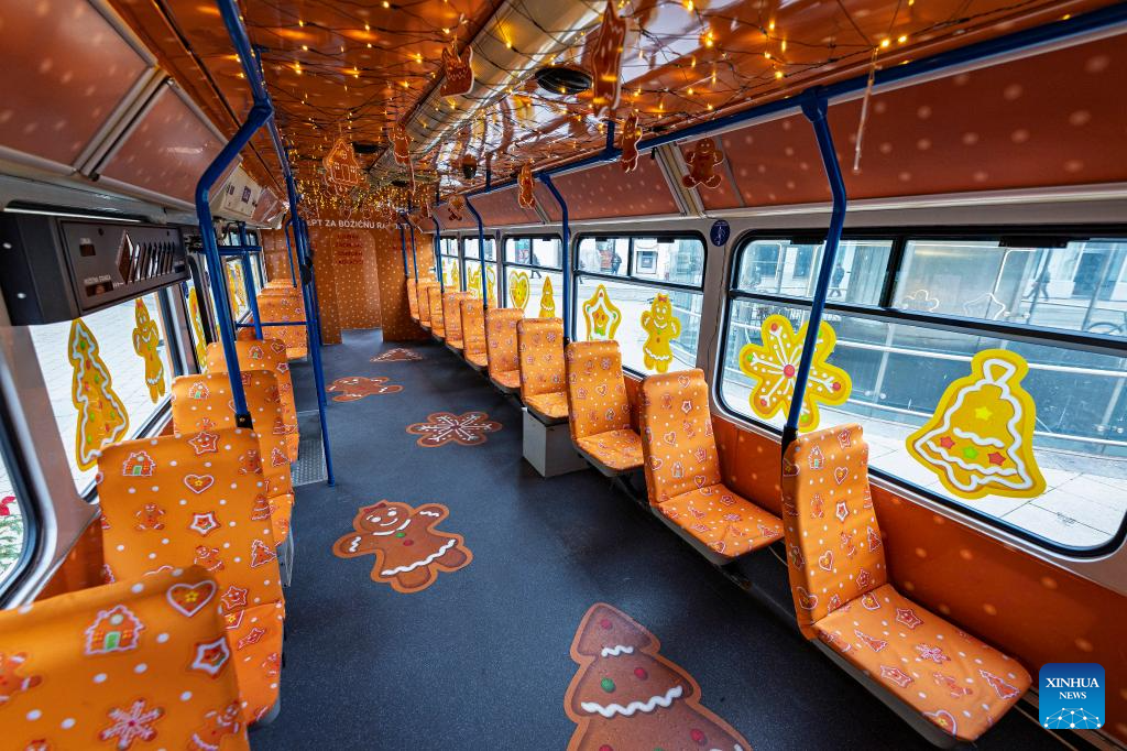 This photo shows the interior decoration of a Christmas tram in Osijek, Croatia on Dec. 15, 2025. (Davor Javorovic/PIXSELL via Xinhua)