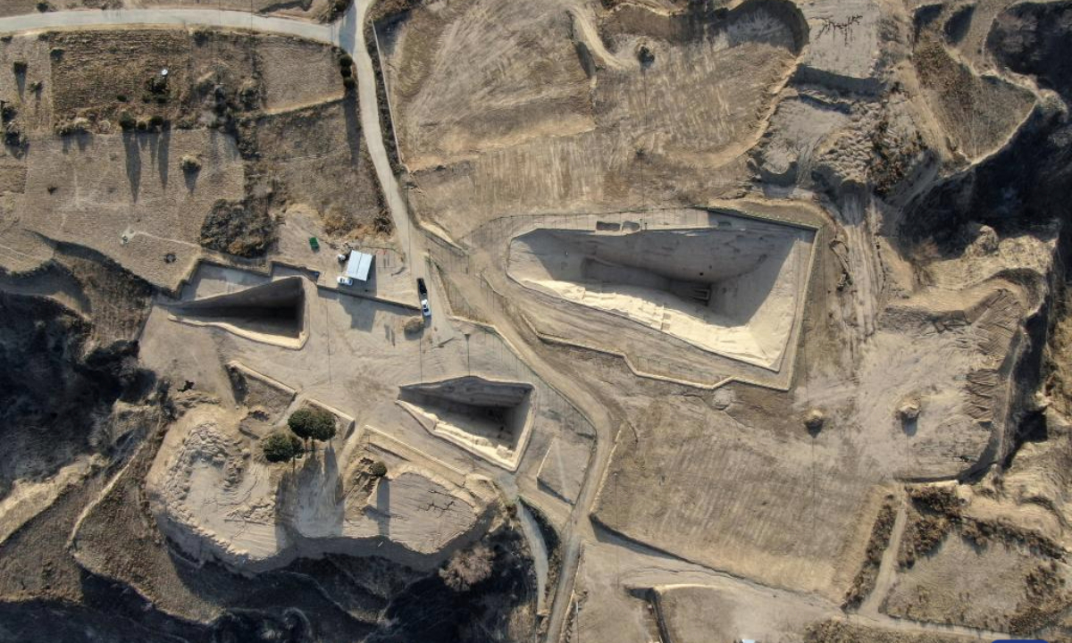 An aerial drone photo taken on Dec. 8, 2025 shows part of the Zhaigou site in Qingjian County, northwest China's Shaanxi Province. The Zhaigou site, a settlement site dating back to about 3,200 years ago, was listed as one of the major field archaeological discoveries during the sixth Shanghai Archaeology Forum (SAF2025) in east China's Shanghai on Tuesday. (Xinhua/Li Yibo)