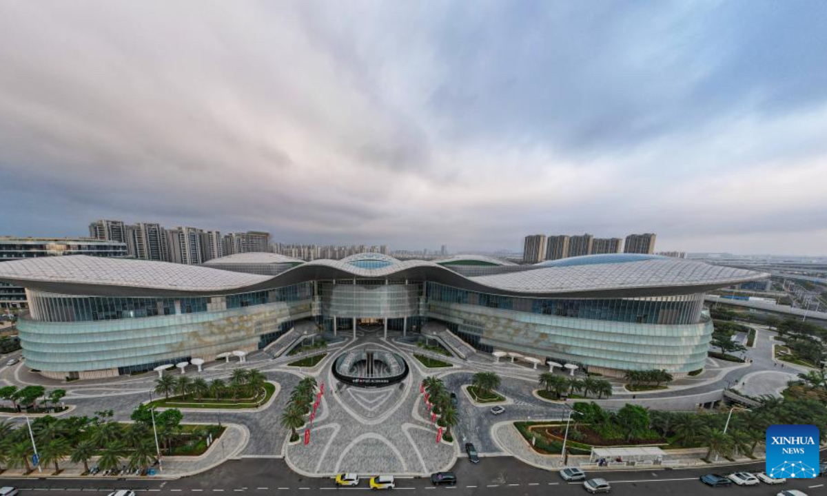 An aerial drone photo taken on Dec. 18, 2025 shows Haikou International Duty Free Shopping Complex in Haikou, south China's Hainan Province. China on Thursday launched island-wide special customs operations in the Hainan Free Trade Port (FTP). (Xinhua/Yang Guanyu)