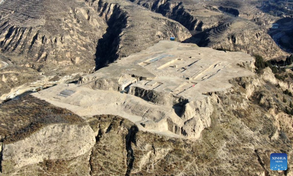 An aerial drone photo taken on Dec. 9, 2025 shows part of the Zhaigou site in Qingjian County, northwest China's Shaanxi Province. The Zhaigou site, a settlement site dating back to about 3,200 years ago, was listed as one of the major field archaeological discoveries during the sixth Shanghai Archaeology Forum (SAF2025) in east China's Shanghai on Tuesday. (Xinhua/Li Yibo)