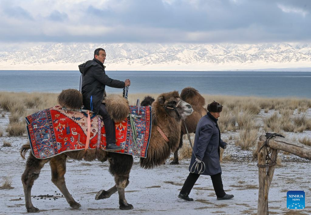 A herdsman (L) riding a camel is seen by the Sayram Lake in Bortala Mongolian Autonomous Prefecture, northwest China's Xinjiang Uygur Autonomous Region, Dec. 15, 2025. (Xinhua/Wang Fei)
