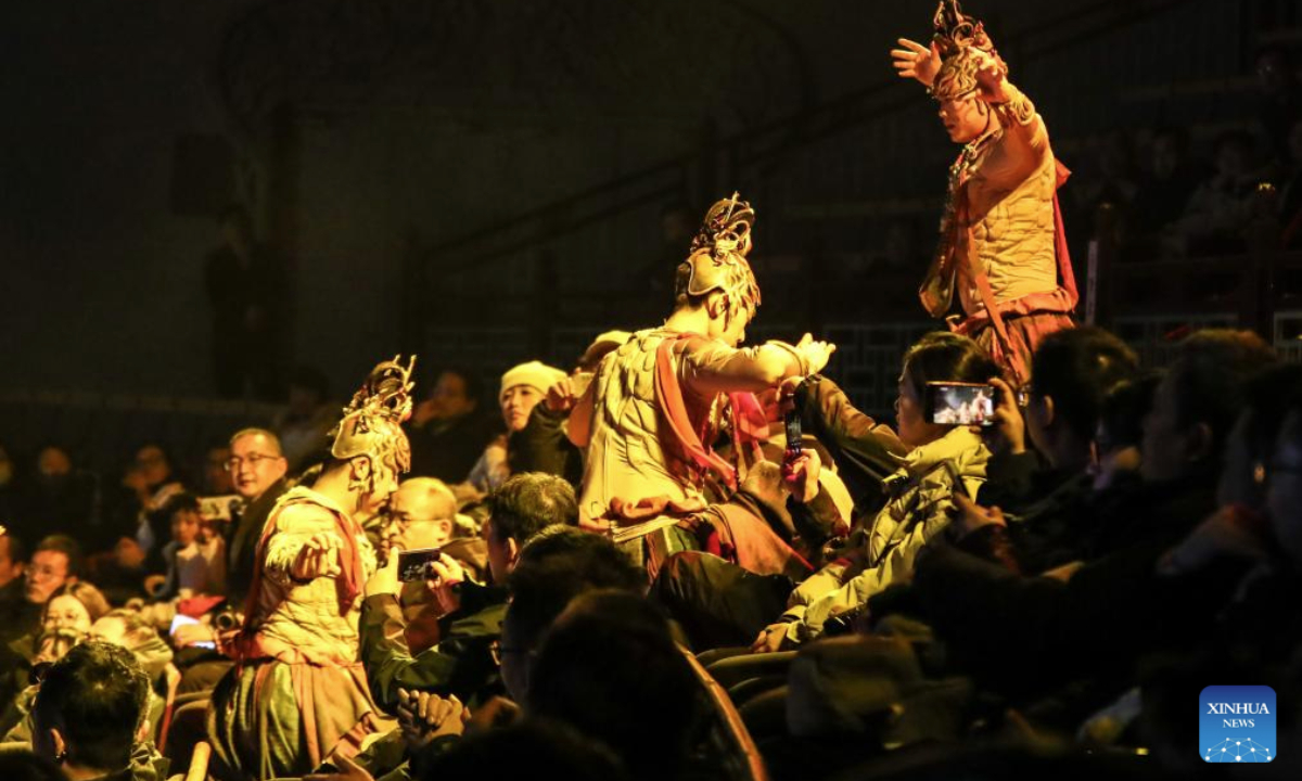 An immersive dance drama Ancient Sound of Dunhuang is staged in Dunhuang, northwest China's Gansu Province, Dec. 15, 2025.

Blending elements drawn from the murals and sculptures of Dunhuang, the performance features elaborately designed stage, holographic display, and awe-inspiring dance. (Xinhua/Lang Bingbing)