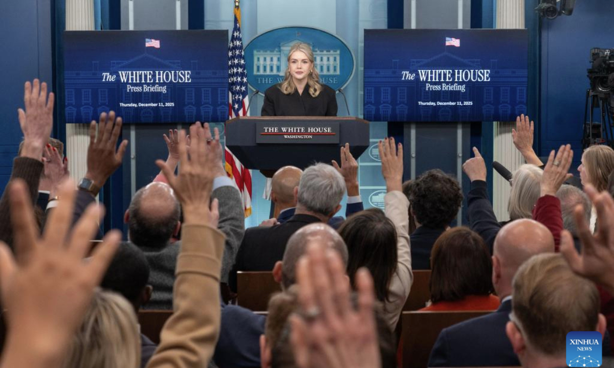 White House Press Secretary Karoline Leavitt attends a daily press briefing at the White House in Washington, D.C., the United States, on Dec. 11, 2025. (Photo by Li Yuanqing/Xinhua)