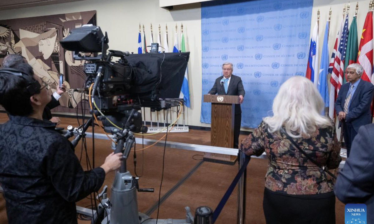UN Secretary-General Antonio Guterres (at podium) speaks at a press encounter at the UN headquarters in New York, Dec. 17, 2025. Guterres on Wednesday condemned the continued arbitrary detention of UN personnel by the Houthis in Yemen. (Eskinder Debebe/UN Photo/Handout via Xinhua)