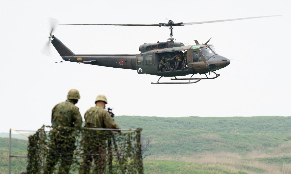 A UH-1J helicopter of Japan's Ground Self-Defense Forces (JGSDF) seen in training grounds in the East Fuji Maneuver Area in Gotemba on May 22, 2021. Photo: VCG
