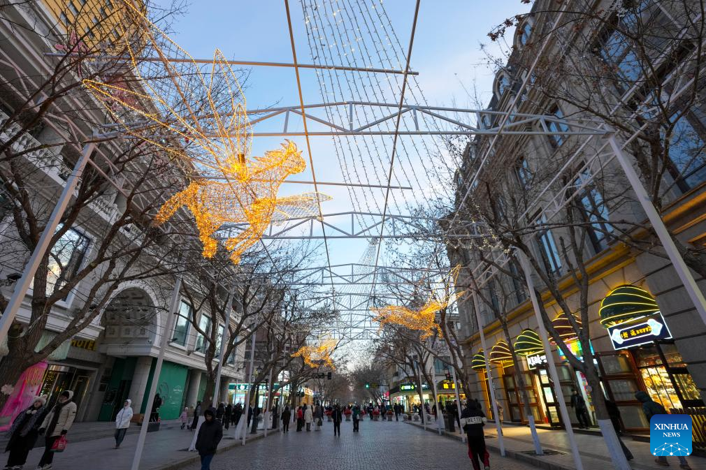 Light decorations are seen on the Central Street in Harbin, capital of northeast China's Heilongjiang Province, Dec. 16, 2025. As one of the most popular attractions in Harbin, the Central Street, which is renowned for its diverse European-style architecture, wows tourists with its ice and snow sculptures and folk shows during the city's tourism boom this winter. (Xinhua/Wang Song)
