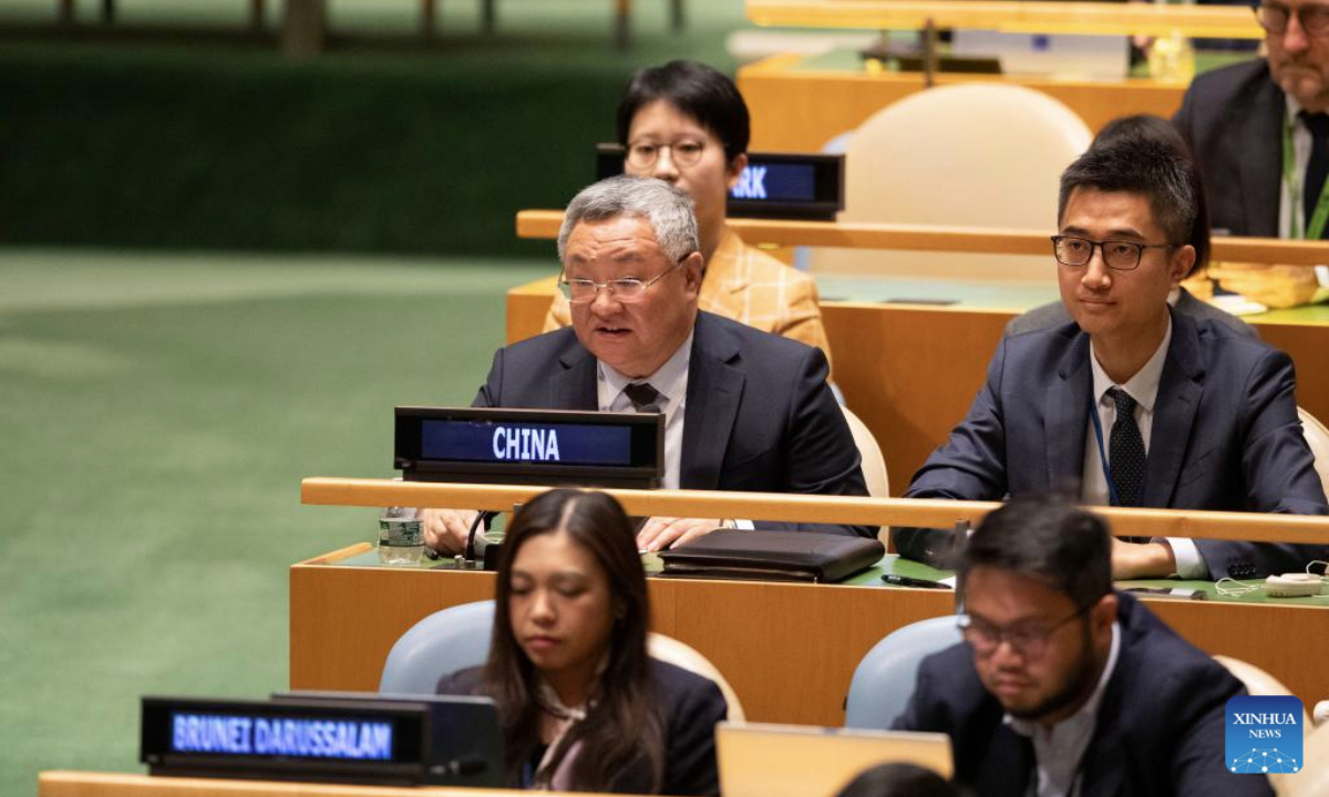 Fu Cong (L, 2nd row), China's permanent representative to the United Nations, delivers a joint statement on behalf of the newly established Group of Friends of Global Governance during a UN General Assembly briefing on the UN80 Initiative, at the UN headquarters in New York, on Dec. 11, 2025. (Xinhua/Xie E)