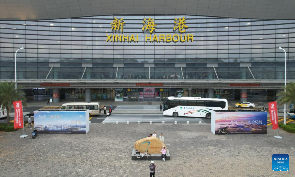 A drone photo taken on Dec. 18, 2025 shows the front entrance to Xinhai Harbour in Haikou, south China's Hainan Province. China on Thursday launched island-wide special customs operations in the Hainan Free Trade Port (FTP). (Xinhua/Yang Guanyu)