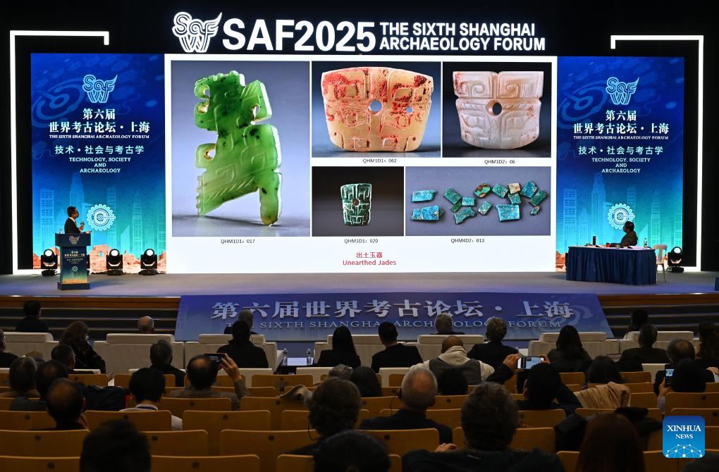 Researchers from Shaanxi Academy of Archaeology introduces the major archaeological discoveries at the Qingjianzhaigou Site in northwest China's Shaanxi Province during the sixth Shanghai Archaeology Forum (SAF2025) in Shanghai, east China, on Dec. 16, 2025. Jointly hosted by the Chinese Academy of Social Sciences, Shanghai Municipal People's Government and the National Cultural Heritage Administration of China, the SAF2025 themed on Technology, Society and Archaeology has attracted nearly 300 experts and scholars from over 40 countries and regions around the world to attend. (Xinhua/Li He)