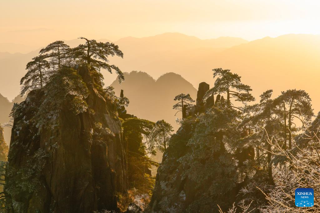 An aerial drone photo taken on Dec. 14, 2025 shows the Huangshan Mountain scenic area at sunrise after snow, in east China's Anhui Province. (Photo by Shi Yalei/Xinhua)