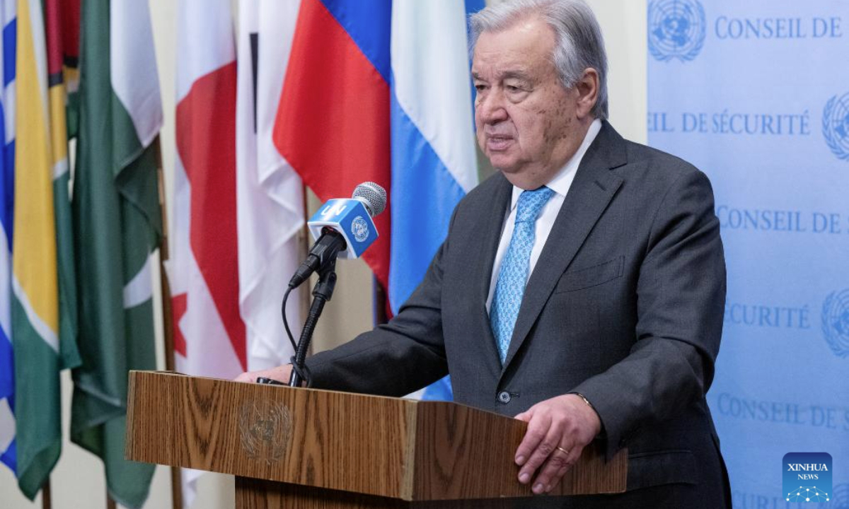 UN Secretary-General Antonio Guterres speaks at a press encounter at the UN headquarters in New York, Dec. 17, 2025. Guterres on Wednesday condemned the continued arbitrary detention of UN personnel by the Houthis in Yemen. (Eskinder Debebe/UN Photo/Handout via Xinhua)