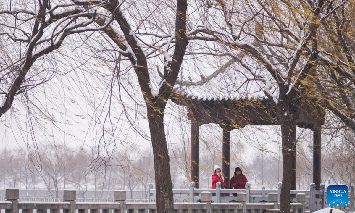 People visit a scenic spot after snow in Zouping, east China's Shandong Province, Dec. 13, 2025. (Photo by Dong Naide/Xinhua)