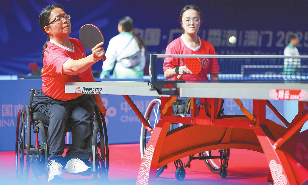 Hong Kong athletes Wong Pui-yi (left) and Yuen Wing-ki compete in the TT5 women's doubles in Guangzhou, South China's Guangdong Province, on December 9, 2025.