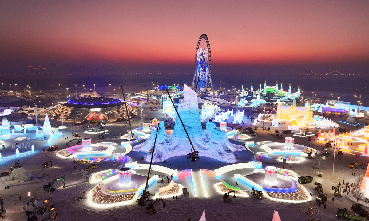 The photo shows construction of the 27th Harbin Ice-Snow World in Harbin, Northwest China's Heilongjiang Province, on December 14, 2025. The world's largest ice-and-snow theme park is counting down to welcome worldwide tourists. Photo: VCG