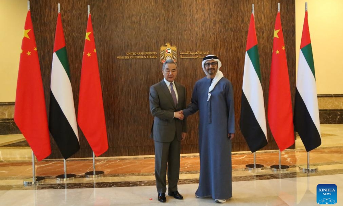 Chinese Foreign Minister Wang Yi, also a member of the Political Bureau of the Communist Party of China Central Committee, holds talks with Deputy Prime Minister and Minister of Foreign Affairs of the United Arab Emirates (UAE) Sheikh Abdullah bin Zayed Al Nahyan, in Abu Dhabi, the UAE, Dec. 12, 2025. (Xinhua/Wen Xinnian)