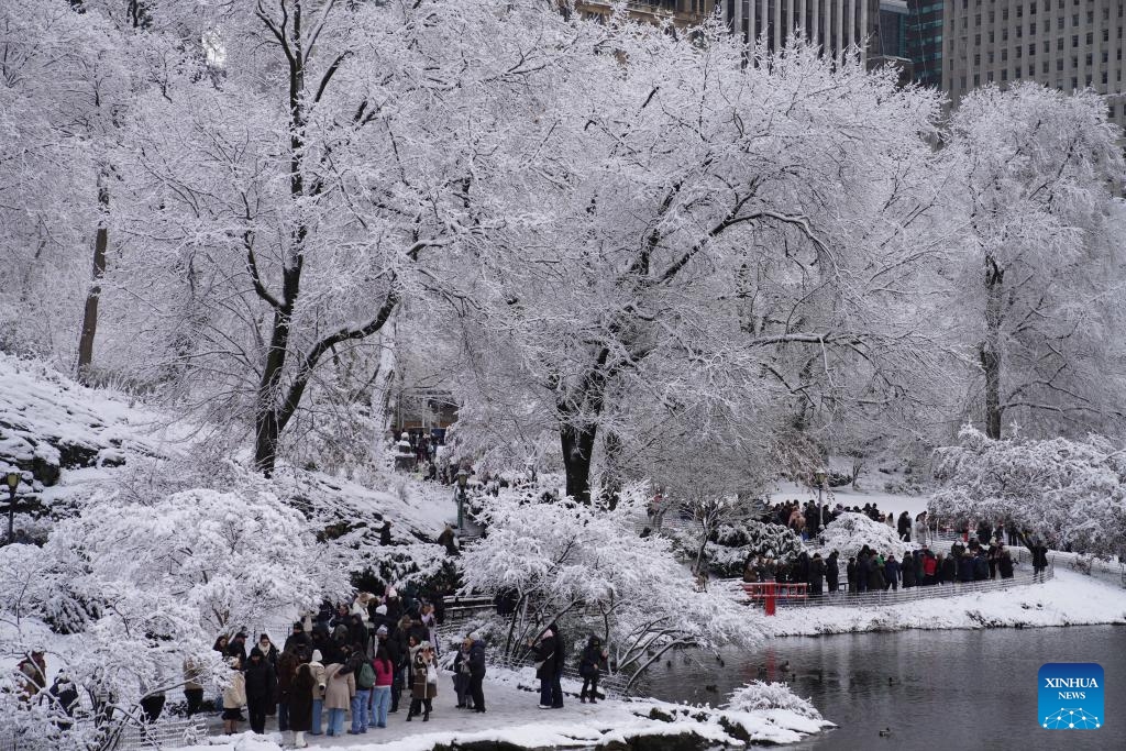 People visit the Central Park during a snow in New York, the United States, on Dec. 14, 2025. (Xinhua/Zhang Fengguo)