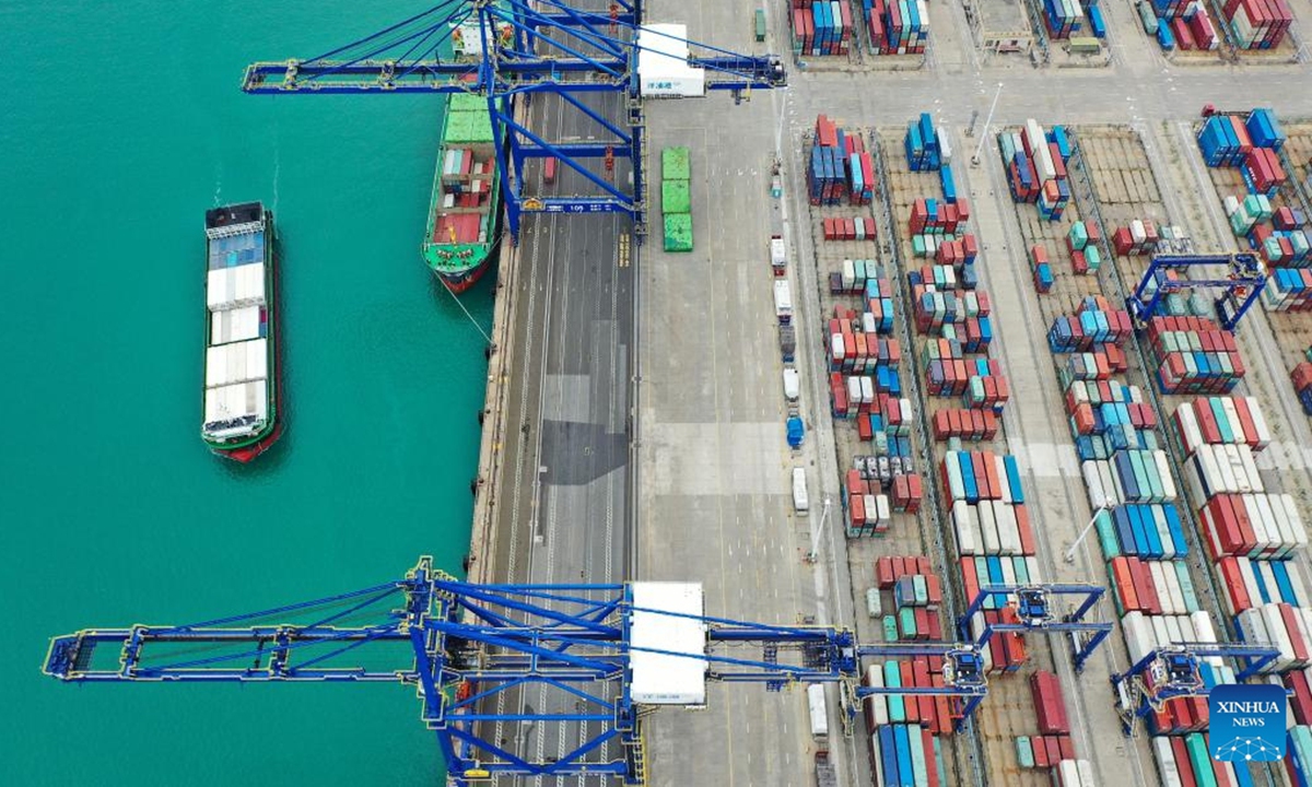 An aerial drone photo taken on March 13, 2024 shows the Yangpu international container terminal in south China's Hainan Province. Photo: Xinhua