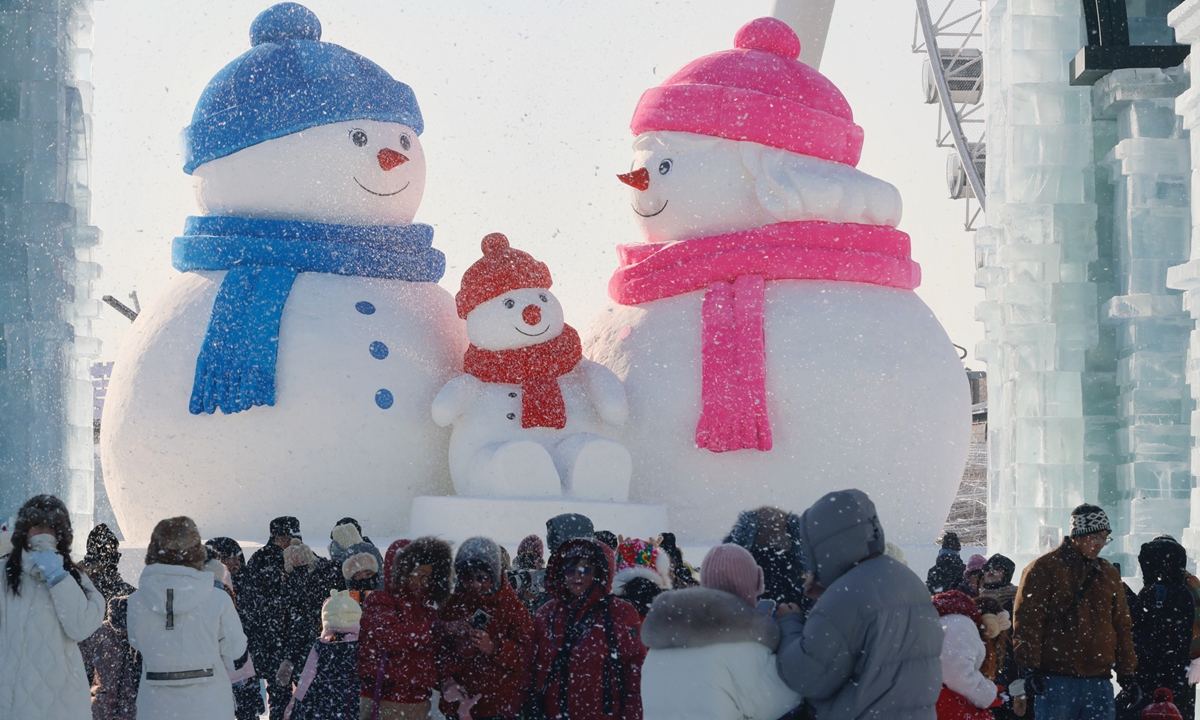 Tourists visit the Harbin Ice-Snow World in Harbin, Northeast China's Heilongjiang Province, December 17, 2025. The Harbin Ice-Snow World, world's largest ice and snow theme park, officially opened for the season on the day. Photo: VCG