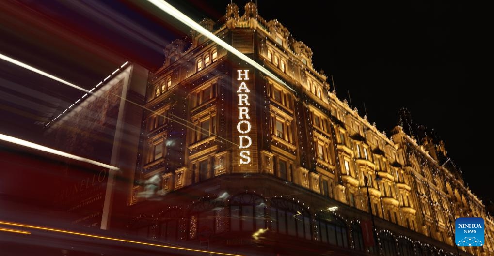 Lights are seen at the Harrods store in London, Britain, on Dec. 17, 2025. (Xinhua/Li Ying)