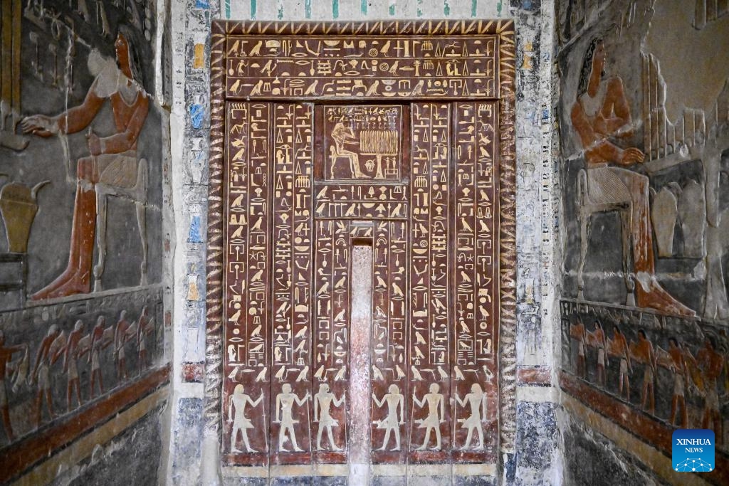 Photo taken on Dec. 18, 2025 shows colored relief paintings inside a tomb in the Saqqara necropolis, Giza, Egypt. (Xinhua/Xin Mengchen)