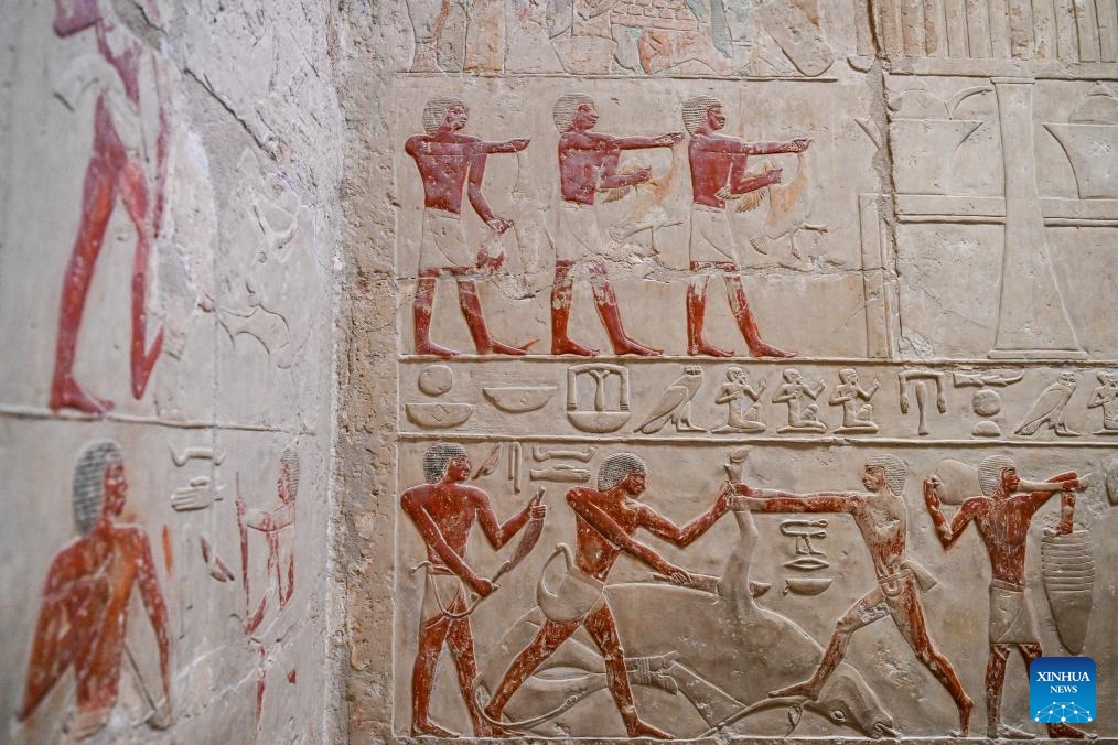 Photo taken on Dec. 18, 2025 shows colored relief paintings inside a tomb in the Saqqara necropolis, Giza, Egypt. (Xinhua/Xin Mengchen)