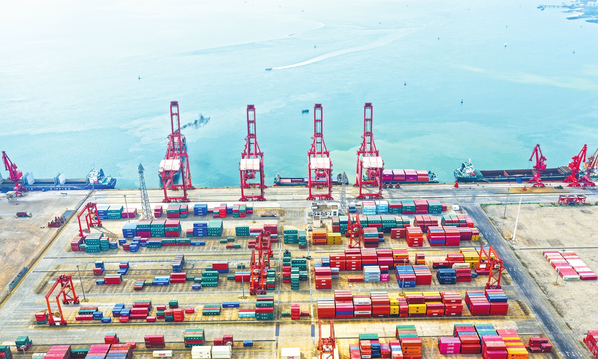 An aerial view of the busy and orderly scene at Yangpu Port in Danzhou, South China's Hainan Province, on December 20, 2025 Photo: VCG