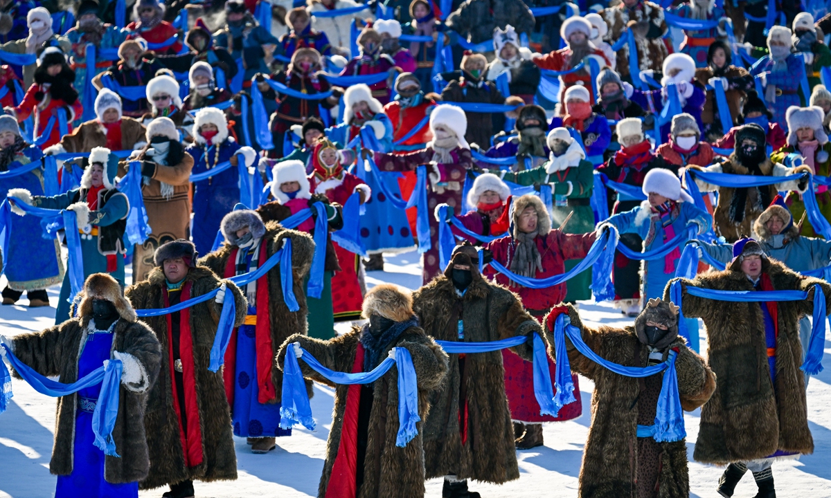 A folk performance is staged during the opening ceremony of the 21st Ice and Snow Nadam Fair of the Inner Mongolia Autonomous Region in Hailar District of Hulun Buir, North China's Inner Mongolia Autonomous Region, on December 21, 2025. The Nadam fair kicked off on the day, attracting tourists from home and abroad. Photo: VCG